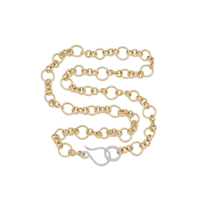 14kt yellow gold long large link necklace with diamond hook and clasp (diamonds on both sides).