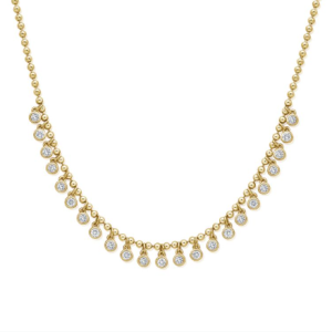 14Kt yellow gold ball chain necklace with bezeled diamonds dangling