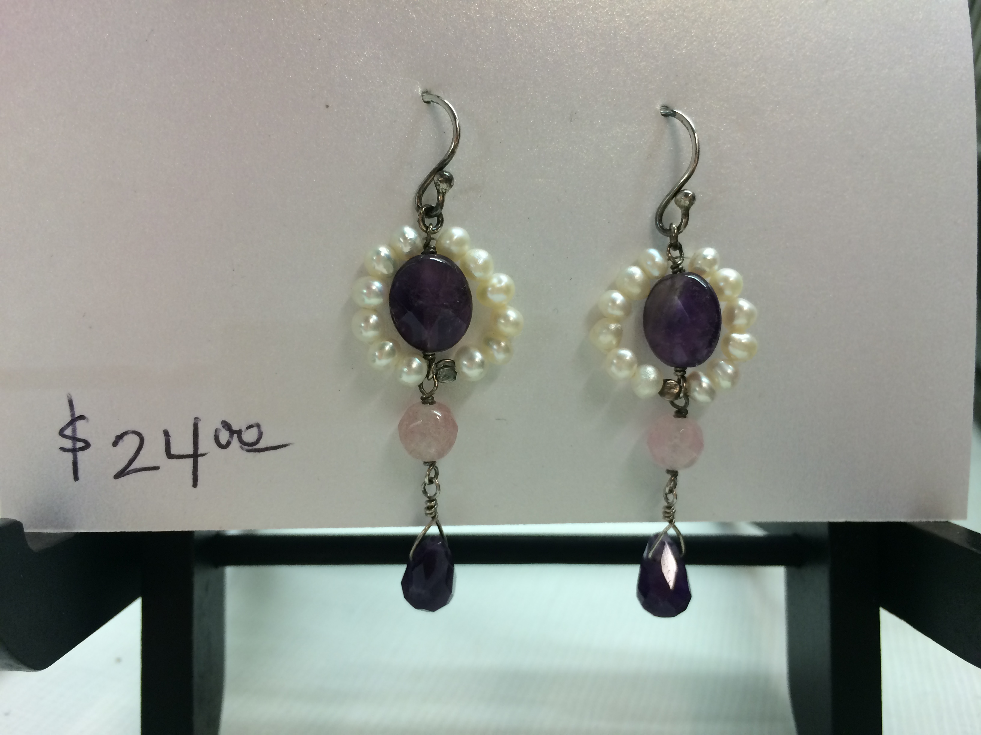 Seed pearl and amethyst dangle earrings